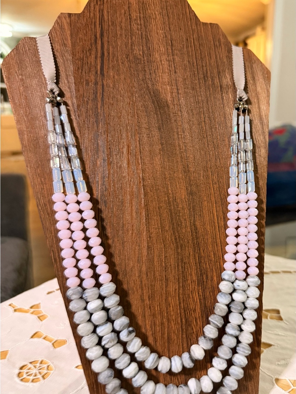 Loft Three-Strand Pink And Gray Beaded Necklace